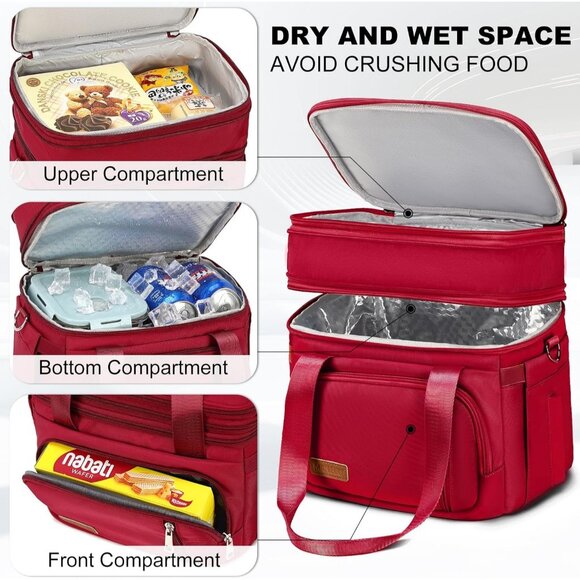 Double Deck Insulated Lunch Box for Men & Women, Leakproof Tote Cooler (Red) - Picture 3 of 7